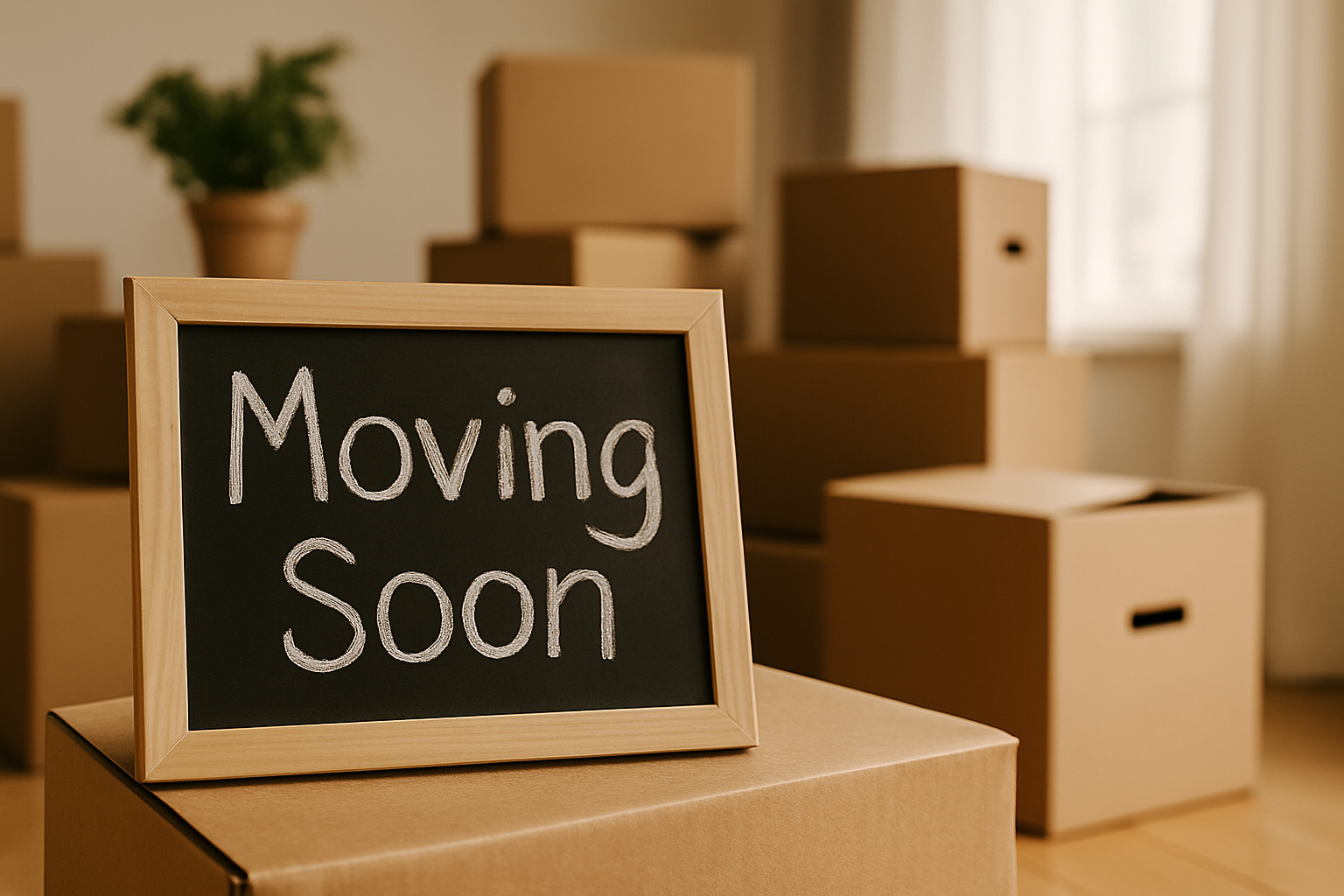 A small blackboard sign with a wooden frame that reads 'Moving Soon' in white chalk, placed on top of a cardboard box in a room with several other packed boxes and a potted plant in the background.