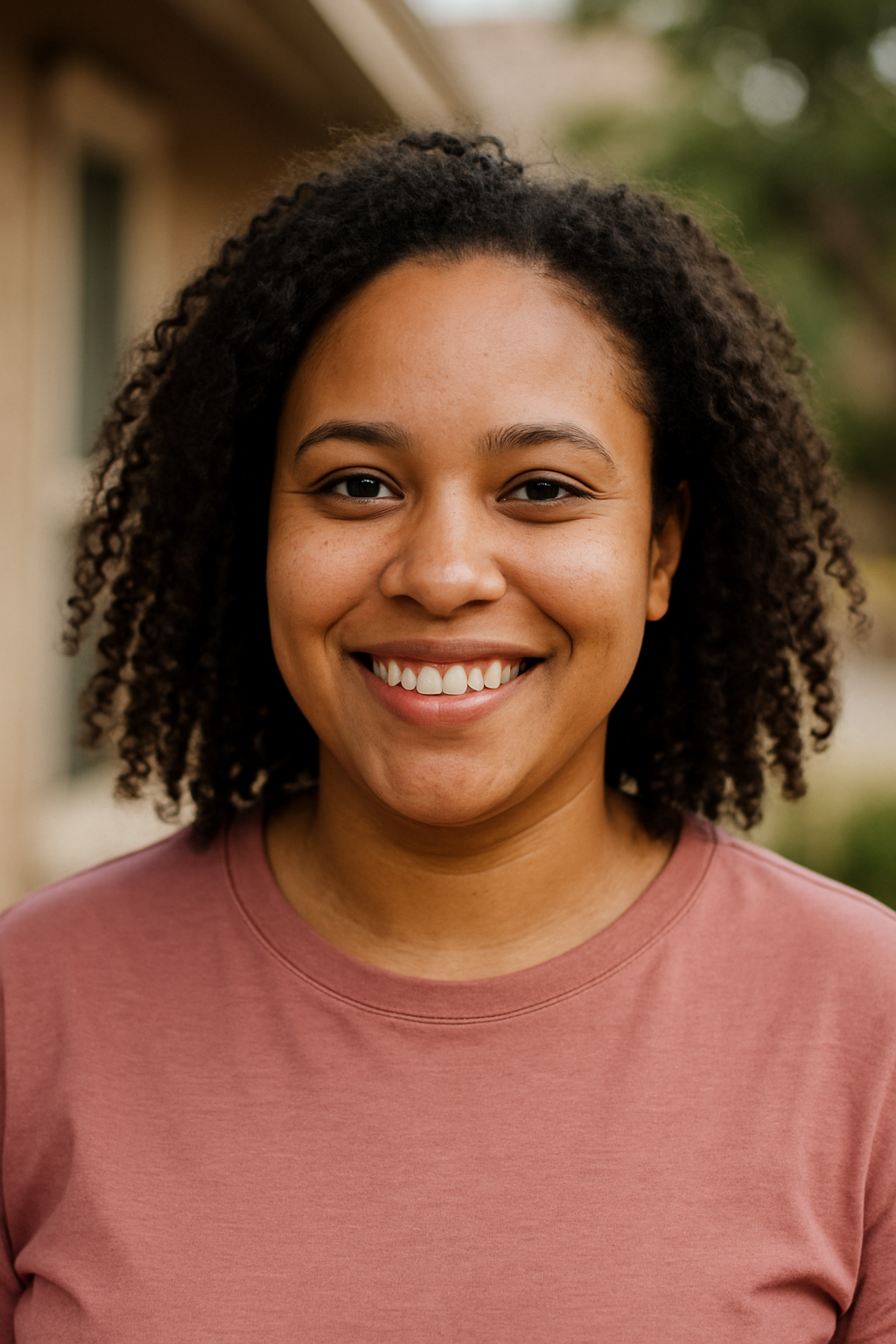 A young woman with curly hair smiling outdoors in front of a house with blurred background.