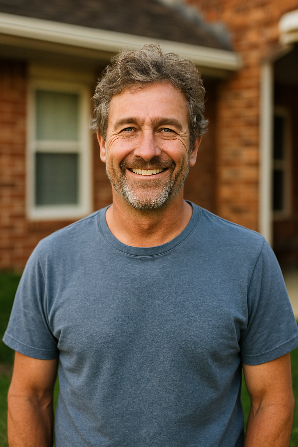 A smiling middle-aged man with gray hair and a beard, wearing a blue t-shirt, standing outdoors in front of a brick house with windows.