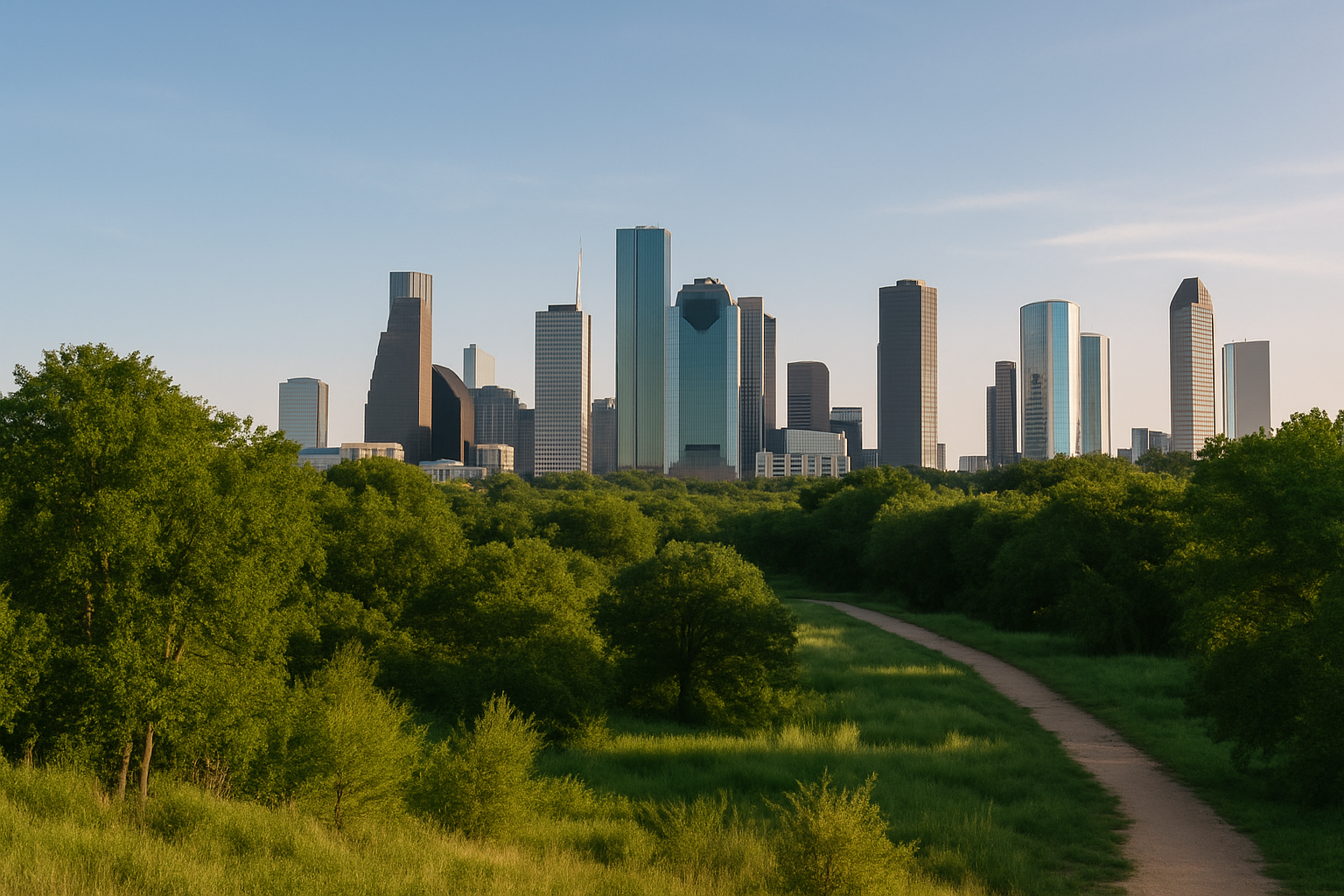 View of the downtown skyline of Dallas, Texas, seen from a green park with a dirt path and trees in the foreground.