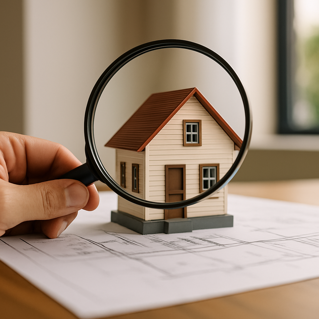 A person holds a magnifying glass over a model house, placed on architectural blueprints on a table.