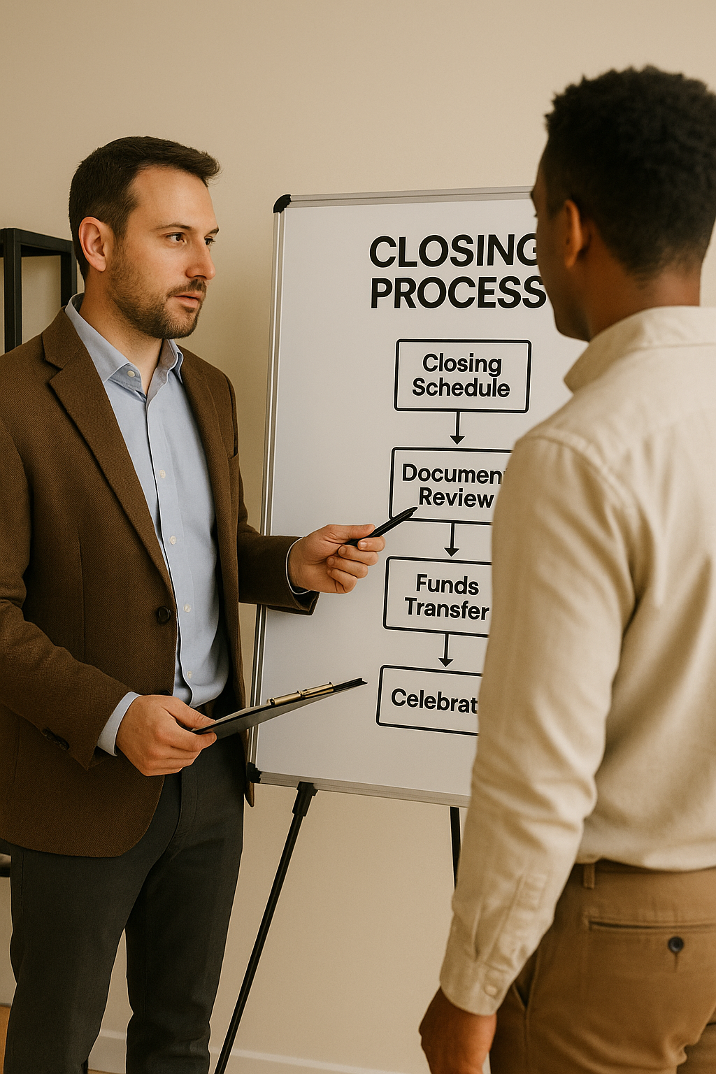 Two men having a discussion in front of a whiteboard that outlines the closing process, including steps like closing schedule, document review, funds transfer, and celebration.