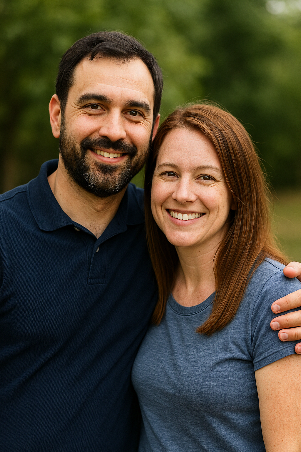 A smiling man with a beard and a woman with red hair embrace outdoors, with a blurred green background.