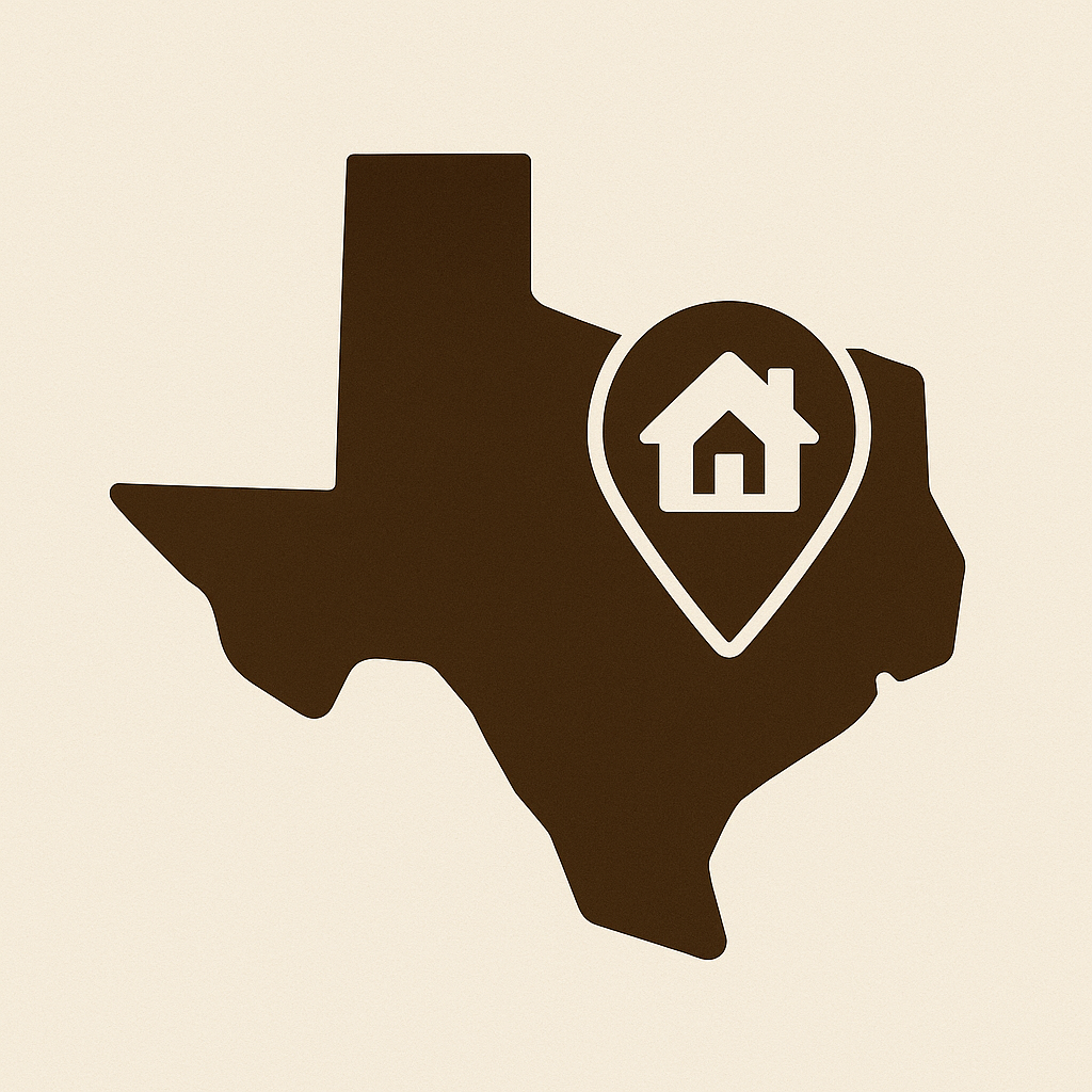 Black silhouette of the state of Texas with a white house icon inside a location pin in the center