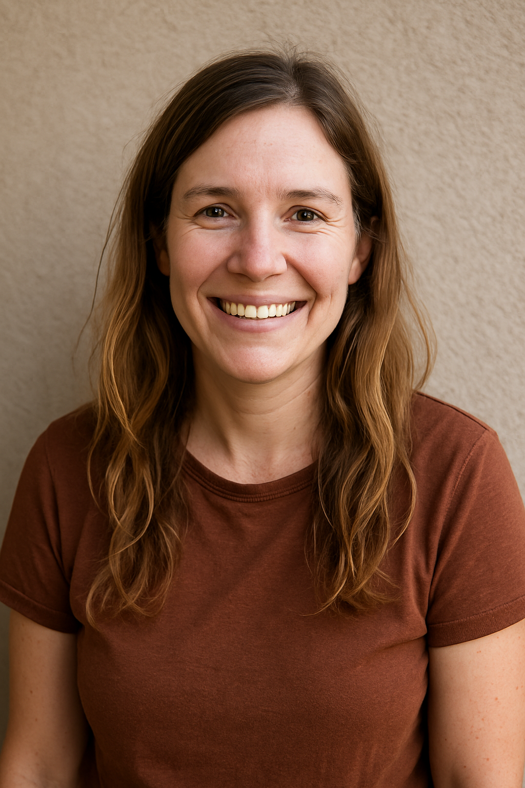 A woman with long brown hair wearing a brown t-shirt smiling against a beige wall.