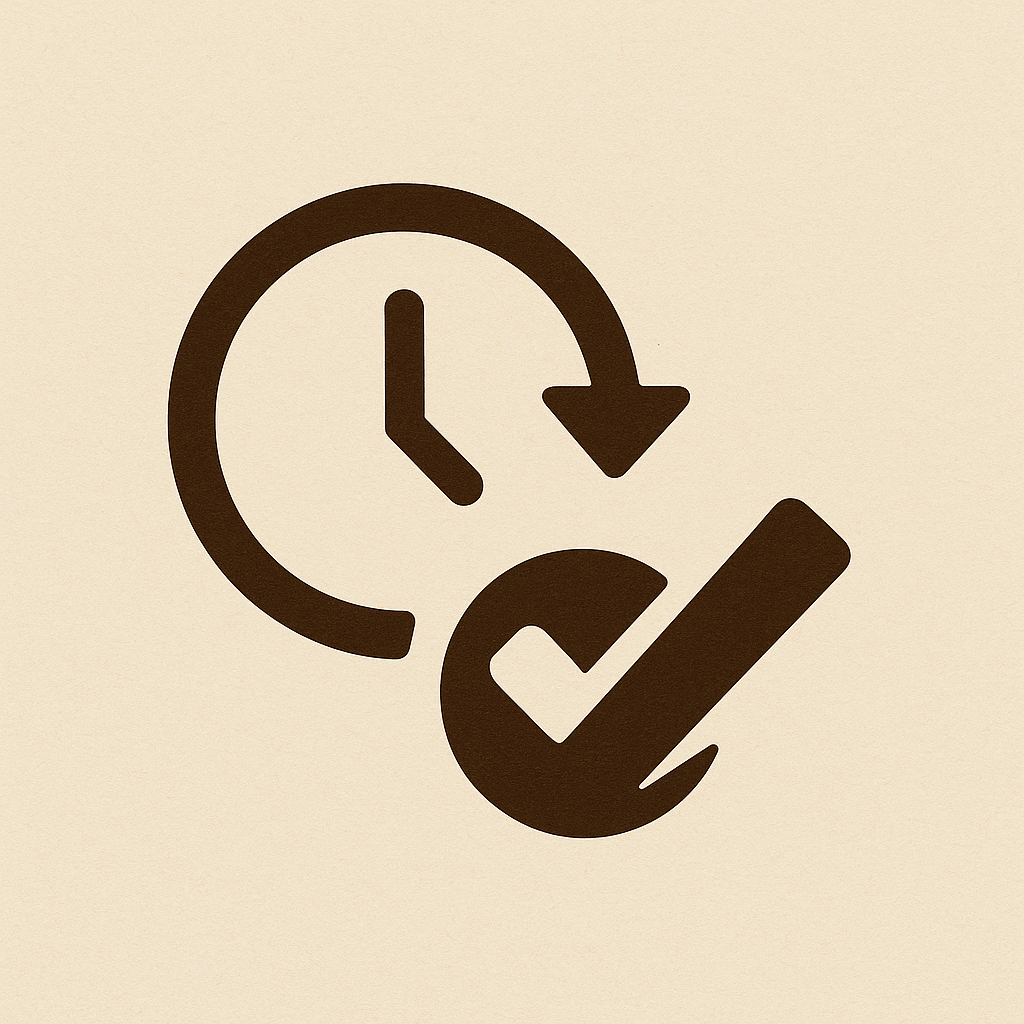 A clock with an arrow pointing to the left and a check mark below it, indicating a time change or schedule update