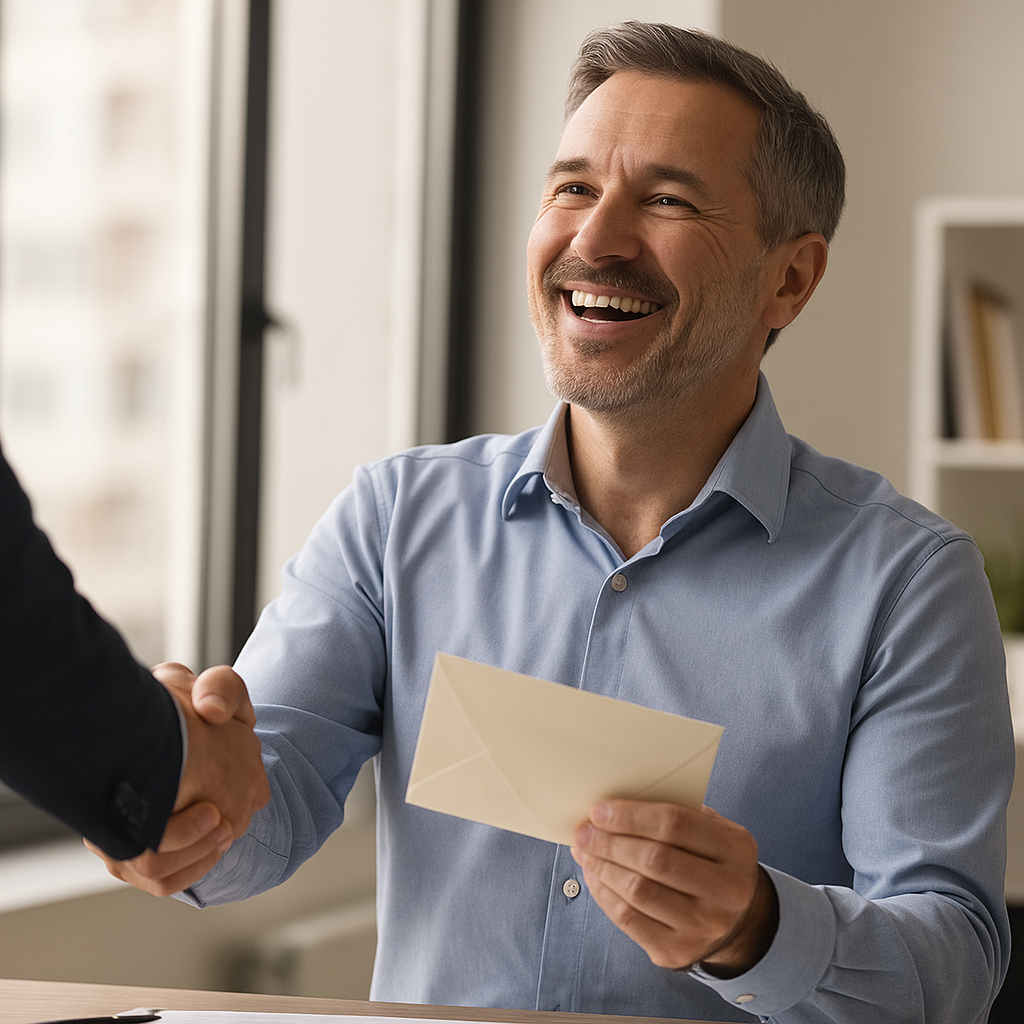 A smiling man in a blue shirt shaking hands while receiving an envelope in an office setting.