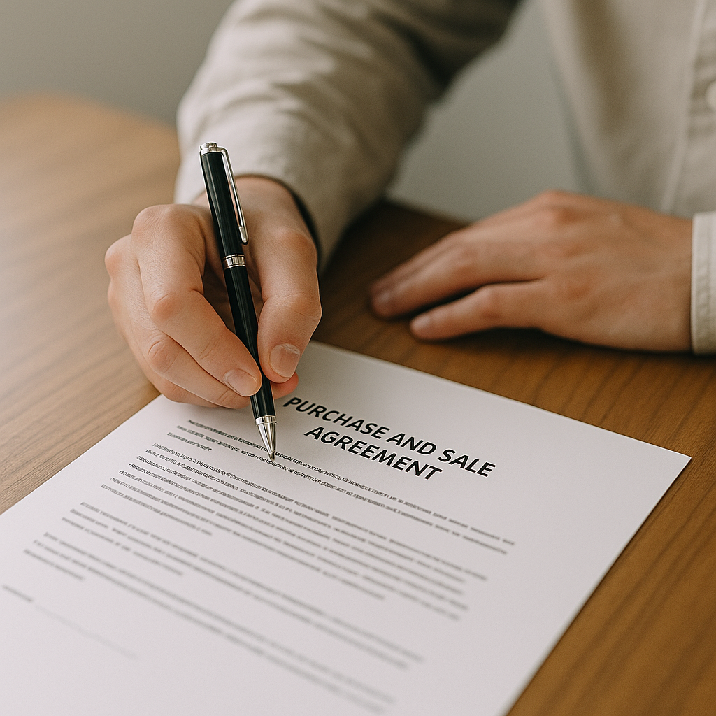 Person signing a purchase and sale agreement document on a wooden table with a black pen.