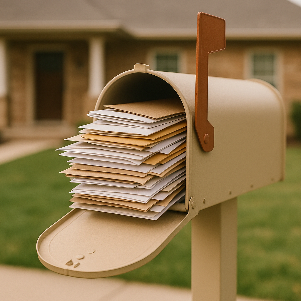 A mailbox filled with stacked envelopes and letters outside a house.