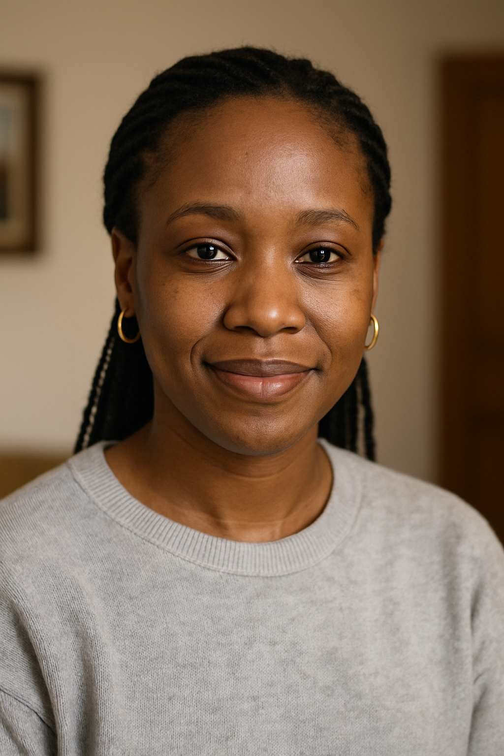 Close-up portrait of a young woman with braided hair, wearing hoop earrings and a light gray sweater, smiling softly in an indoor setting.