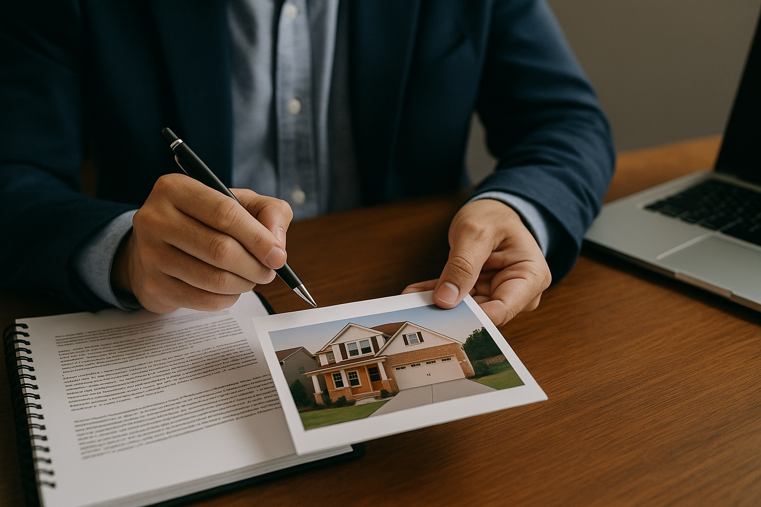 A person in a blue suit is sitting at a wooden desk, holding a pen and pointing at a photo of a house. An open magazine with text and a laptop are also on the desk.