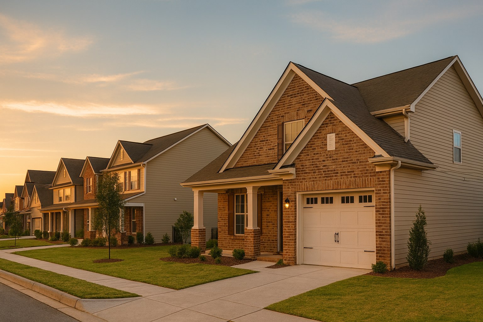 A row of suburban houses with manicured lawns during sunset.