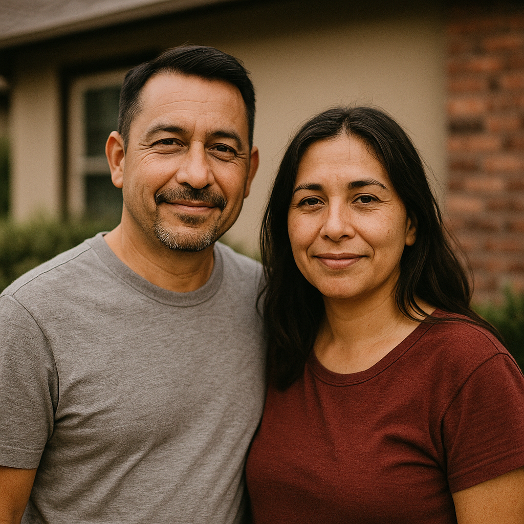 A middle-aged man and woman standing outdoors in front of a house, smiling at the camera.
