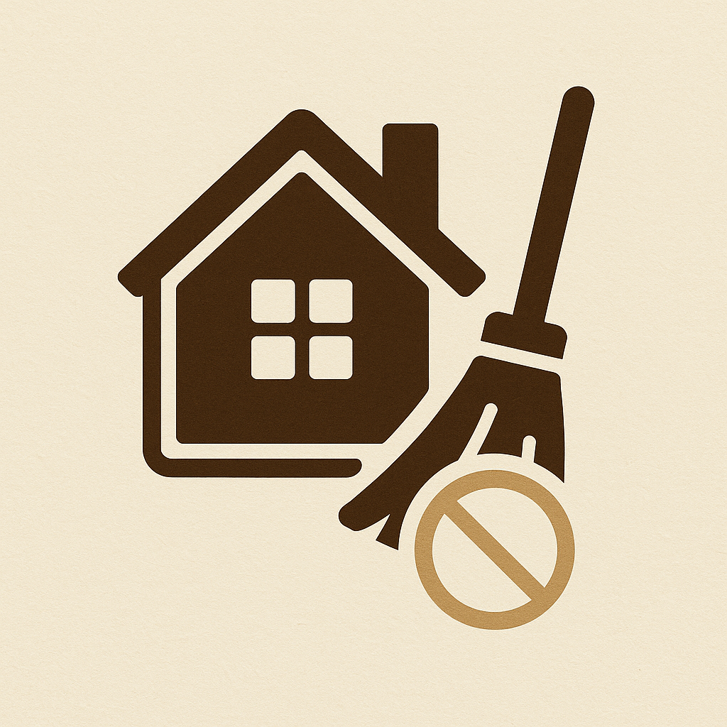 Icon of a house with a broom and a prohibition sign, indicating no cleaning or maintenance services.