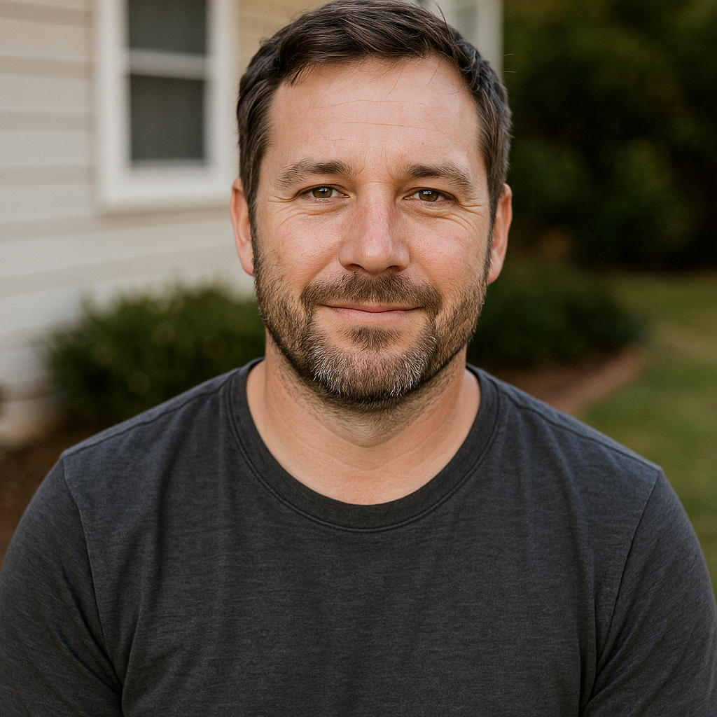 A man with short dark hair, a beard, and mustache wearing a black t-shirt, standing outdoors in front of a house with white siding and greenery.