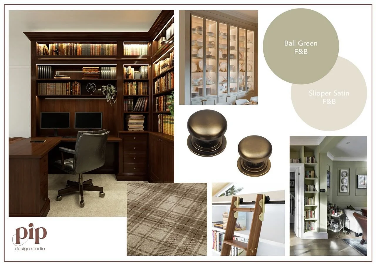 A vision board for a current library/study project. Focusing on natural tones that will keep the room light and bright whilst accentuating the traditional antique brass finishes!💚

#pipdesignstudio #interiordesign #furnituredesign #northeast #newcas