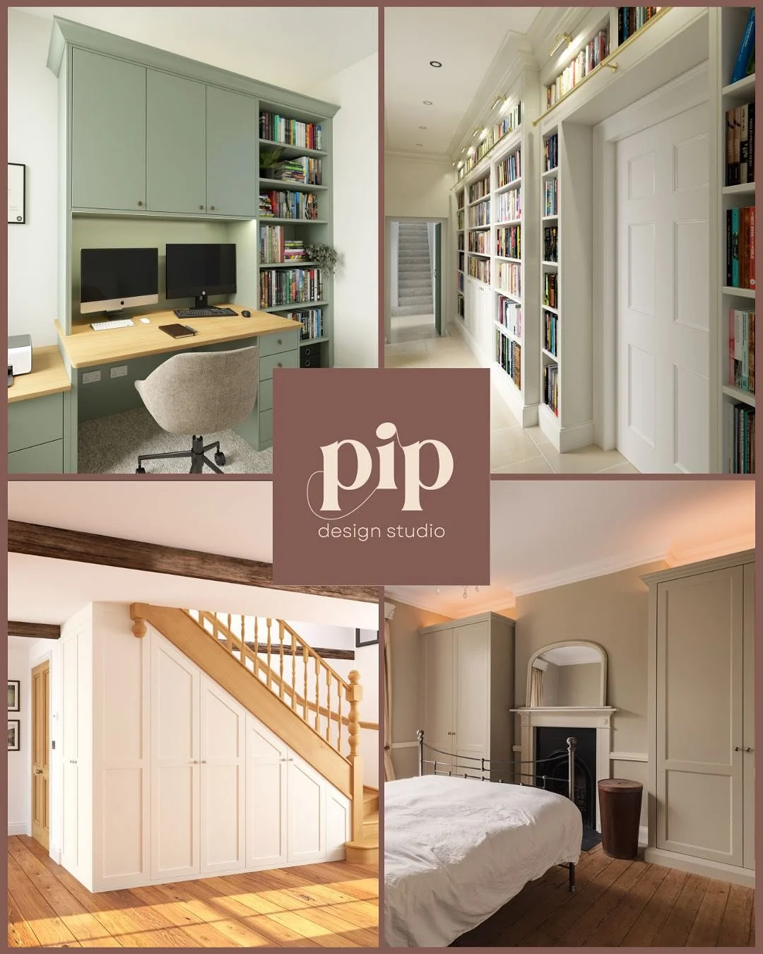Another collection of beautiful projects, all designed by myself. 

1. A stylish yet practical home office.
2. A beautiful hallway made even more grand by the floor to ceiling book shelving.
3. A large under stairs designed to be sympathetic to the s