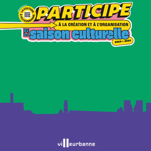 Design poster with bright colors promoting community participation in creating and organizing the cultural season from 2024 to 2025, featuring a city skyline silhouette at the bottom.