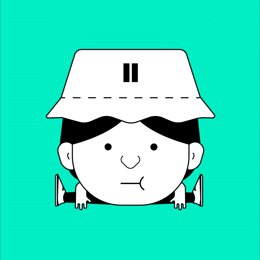 Cartoon drawing of a boy with a beige pail hat, sticking his head out with a neutral expression, set against a turquoise background.