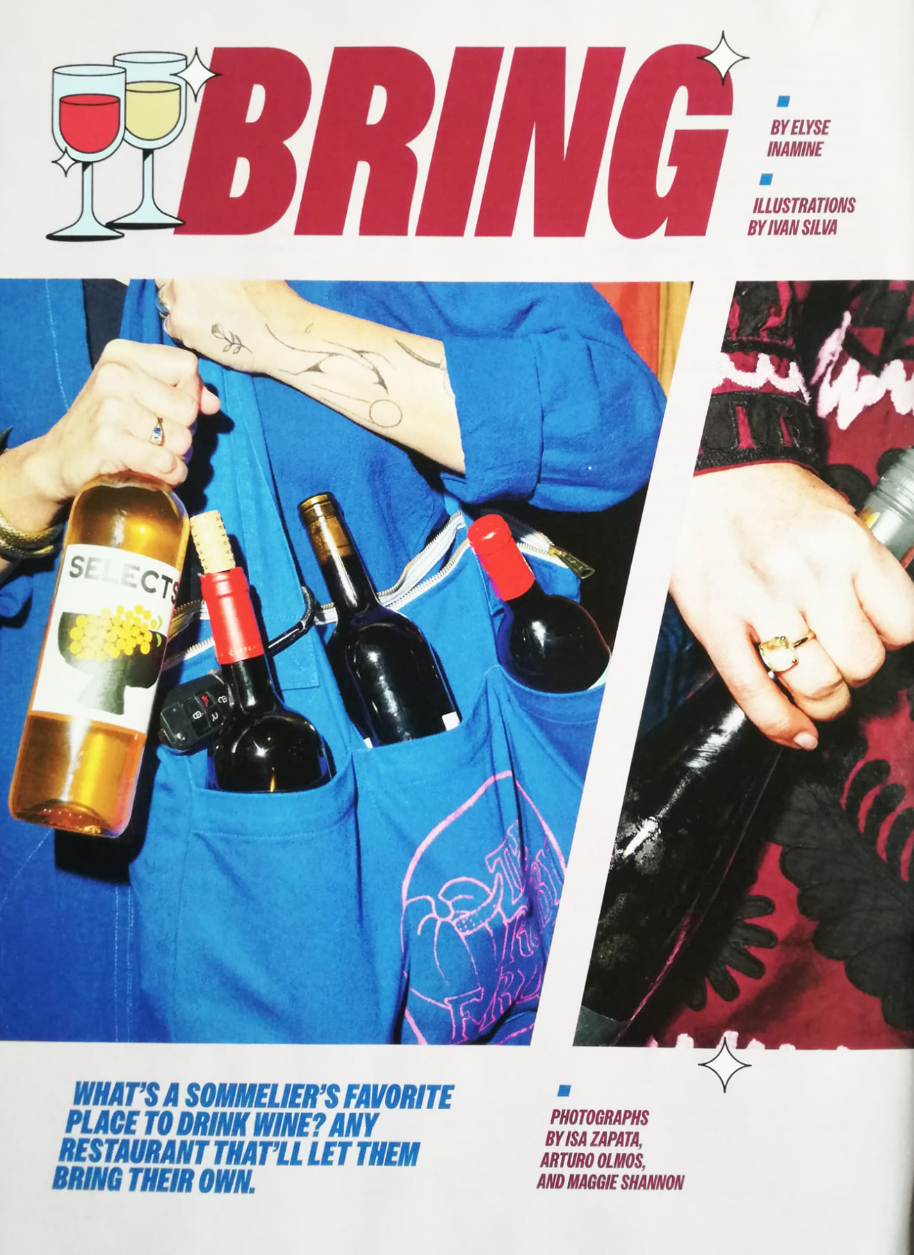 The cover of a magazine titled 'BRING' features two photographs: one of a person in blue holding a wine bottle with a hand tattoo, and wine bottles in a blue pocket, and the other of a hand with a ring opening a bottle of wine. The cover includes illustrations of wine glasses and text about wine, sommeliers, and photography credits.