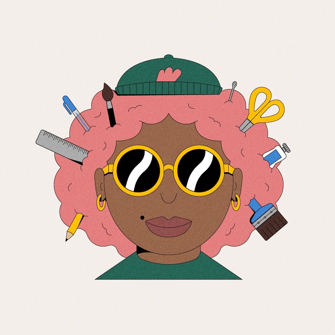 Cartoon illustration of a person with pink curly hair wearing yellow sunglasses, earrings, and a green hat with pins. The person has various art supplies in her hair, including a ruler, paintbrush, scissors, pen, tape, paint bottle, and a pencil.