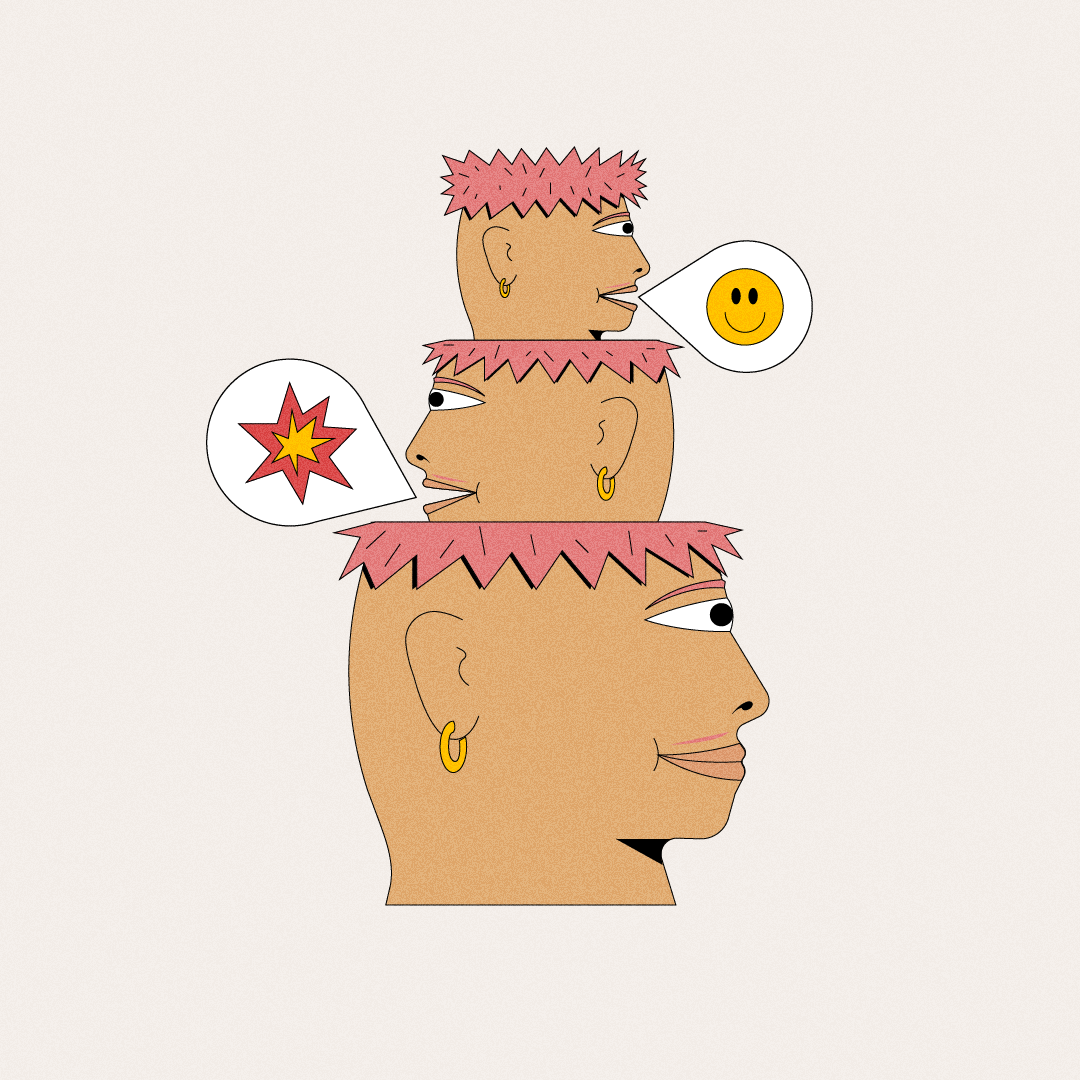 Illustration of three interconnected human profiles with pink spiky hair, sharing a single neck, each with earrings and expressive speech bubbles.