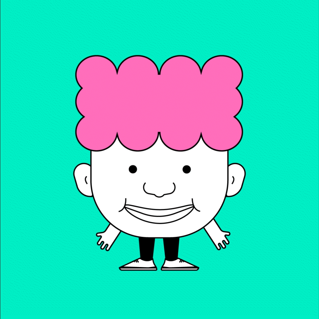 A cartoon character with pink, fluffy hair, a big smiling face, wearing black pants and sneakers, set against a teal background.