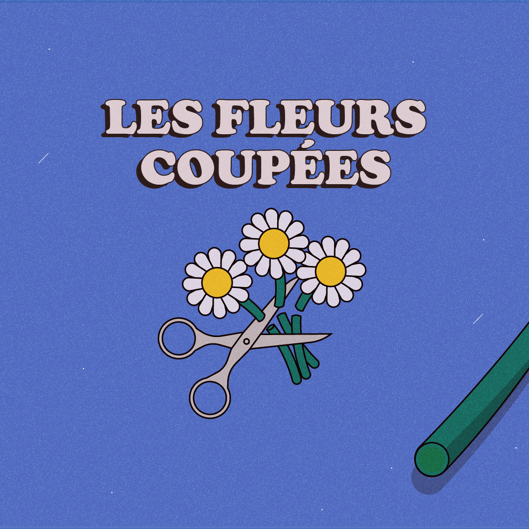 Cover of a book titled "Les Fleurs Coupées" with a bouquet of daisies and a pair of scissors on a blue background.