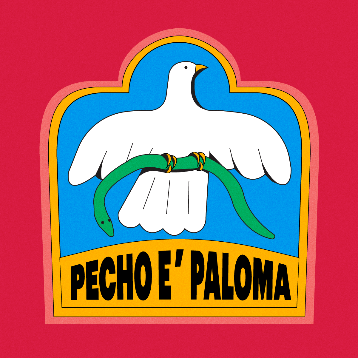 A logo with a dove holding a green snake in its beak, the background is red with a blue and yellow border, and the text 'PECHO E PALOMA' at the bottom.