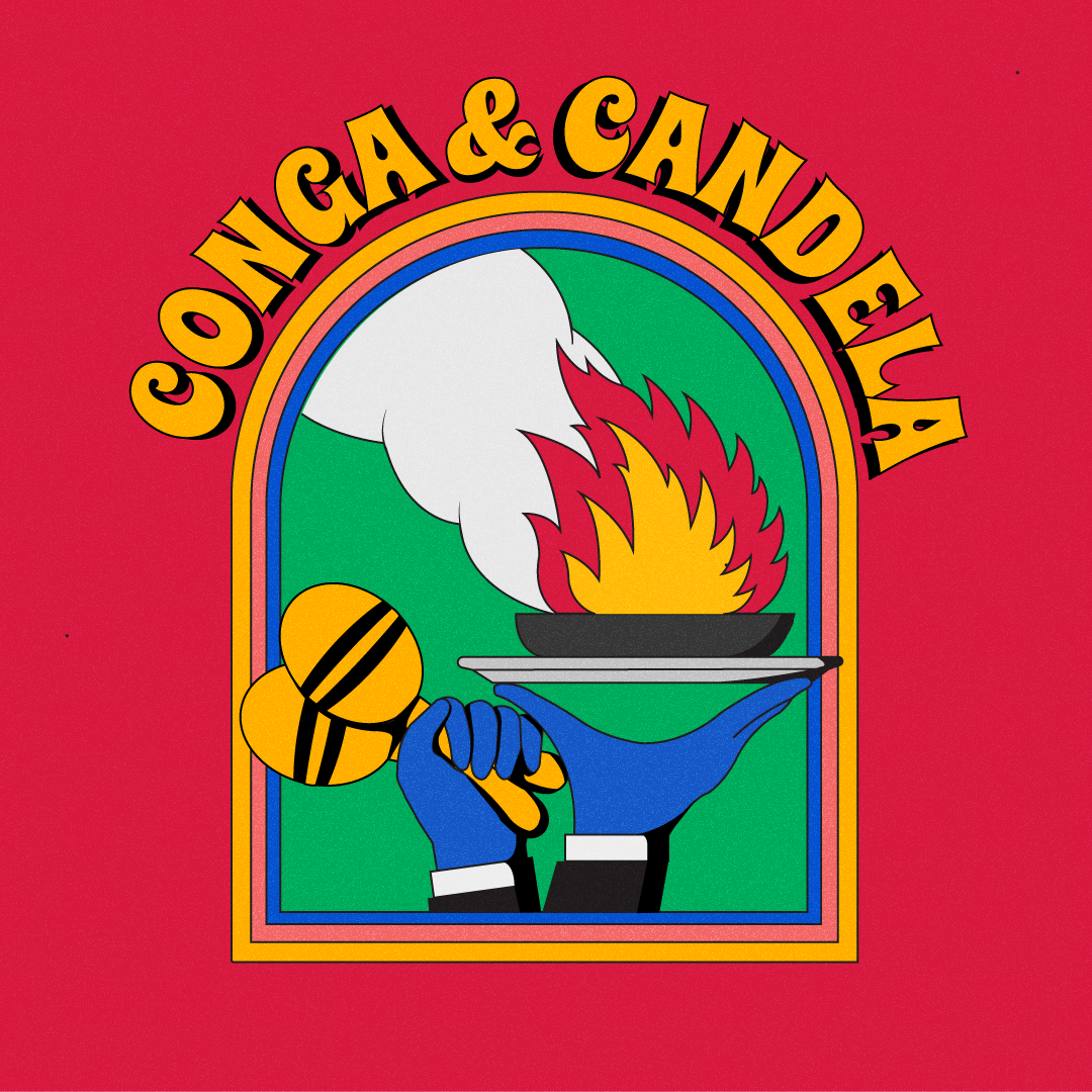 Colorful logo for Coca & Candleway featuring a bold design with a blue hand holding a plate with a flame, a bee, and steam or smoke rising from the flame, with the brand name curved above.