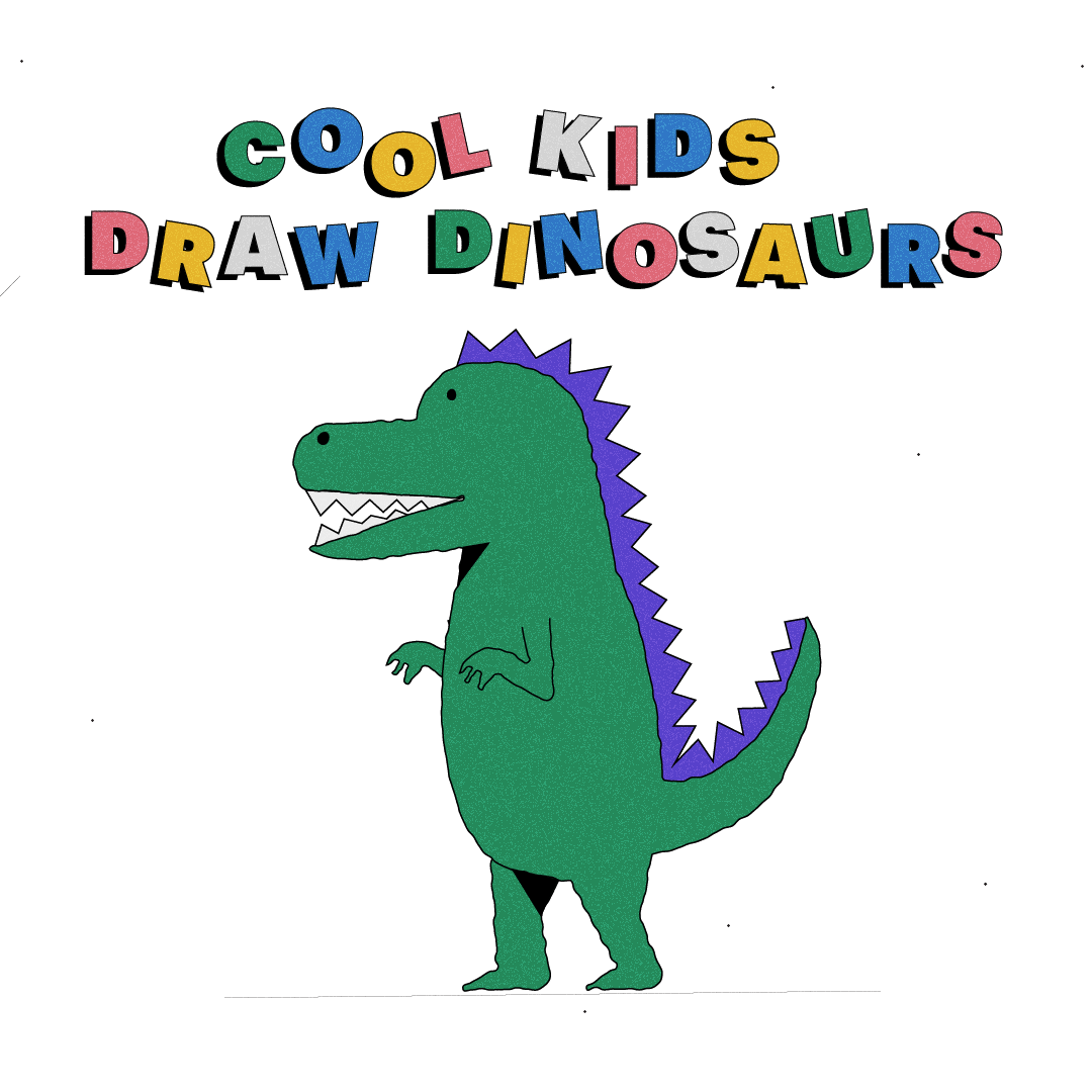 Colorful illustration of a cartoon dinosaur with a green body, purple spikes, and a white belly, accompanied by colorful text saying 'Cool Kids Draw Dinosaurs'.