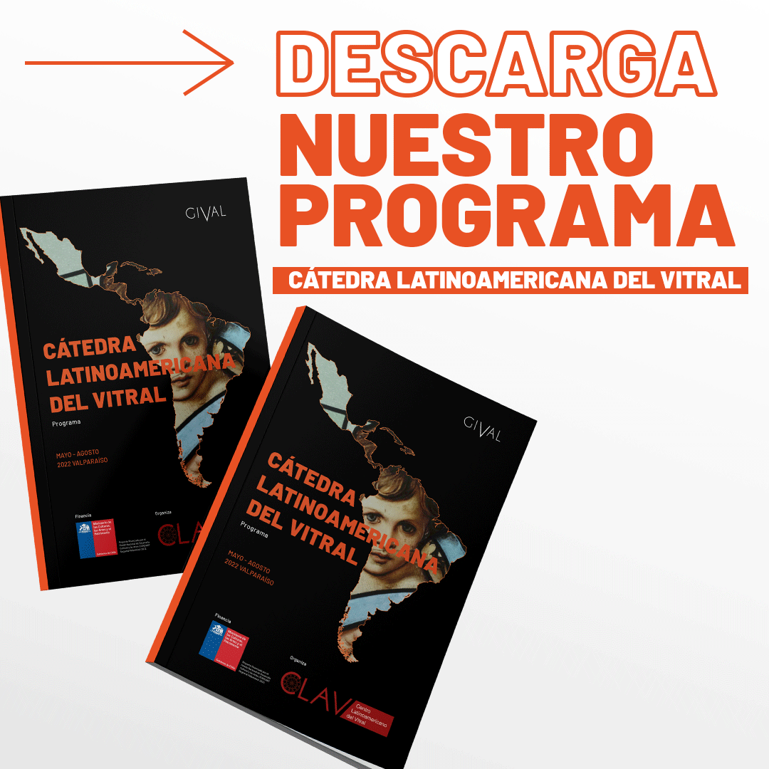 Promotional graphic for a program called Cátedra Latinoamericana del Vitra, featuring two copies of a brochure with the map of Latin America on the cover, a woman's face, and text in Spanish, encouraging downloads of the program.