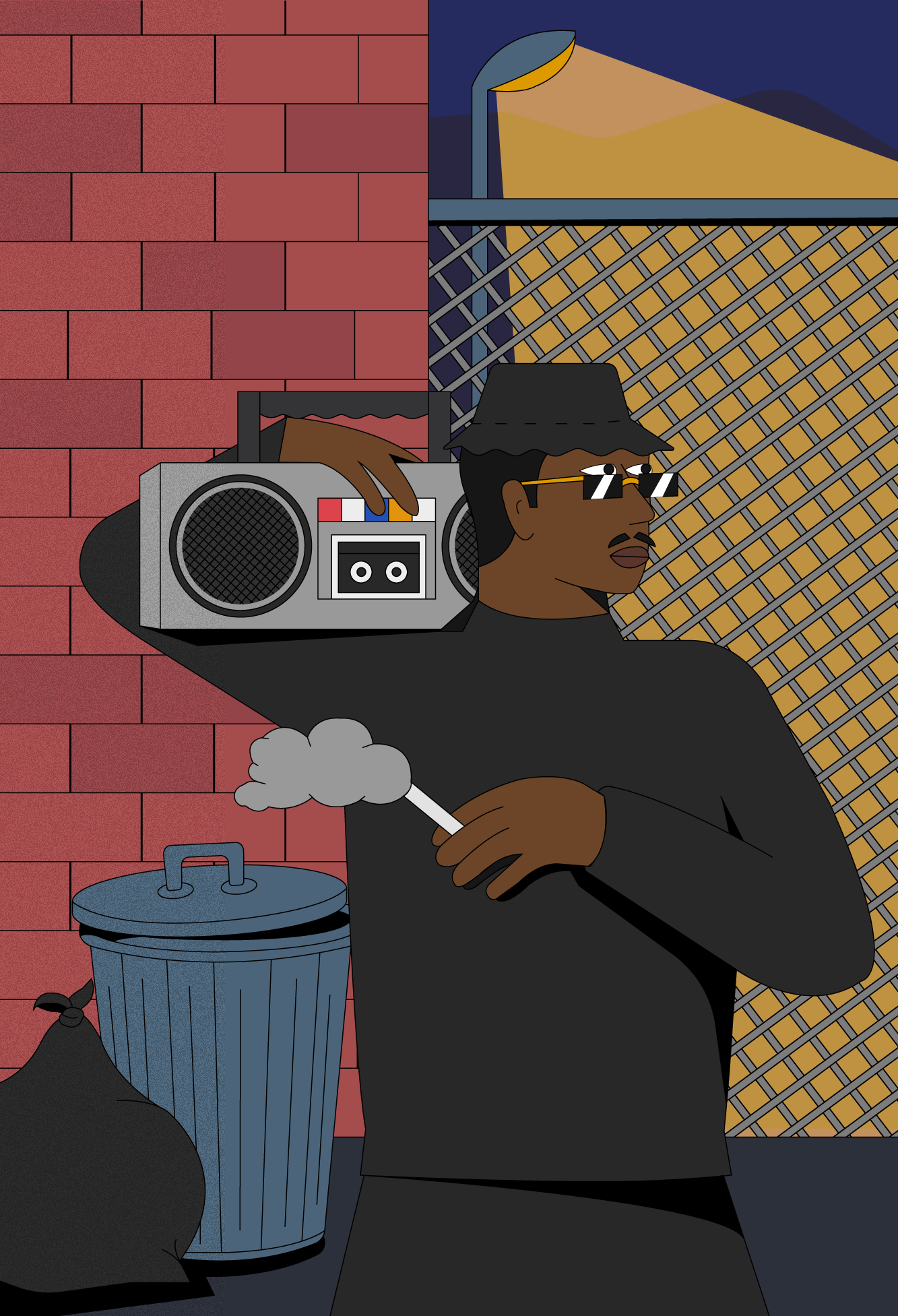 A man in dark clothing, wearing sunglasses and a black hat, holding a smoke cigarette and a large boombox on his shoulder, standing in an alley with a brick wall and a chain-link fence.