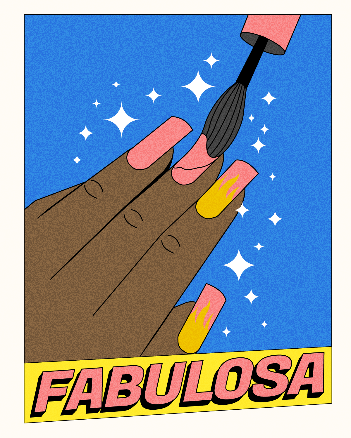 Illustration of a hand with pink and yellow nails applying pink nail polish, with sparkles and a blue background, and the word "FABULOSA" in bold pink letters on a yellow banner at the bottom.