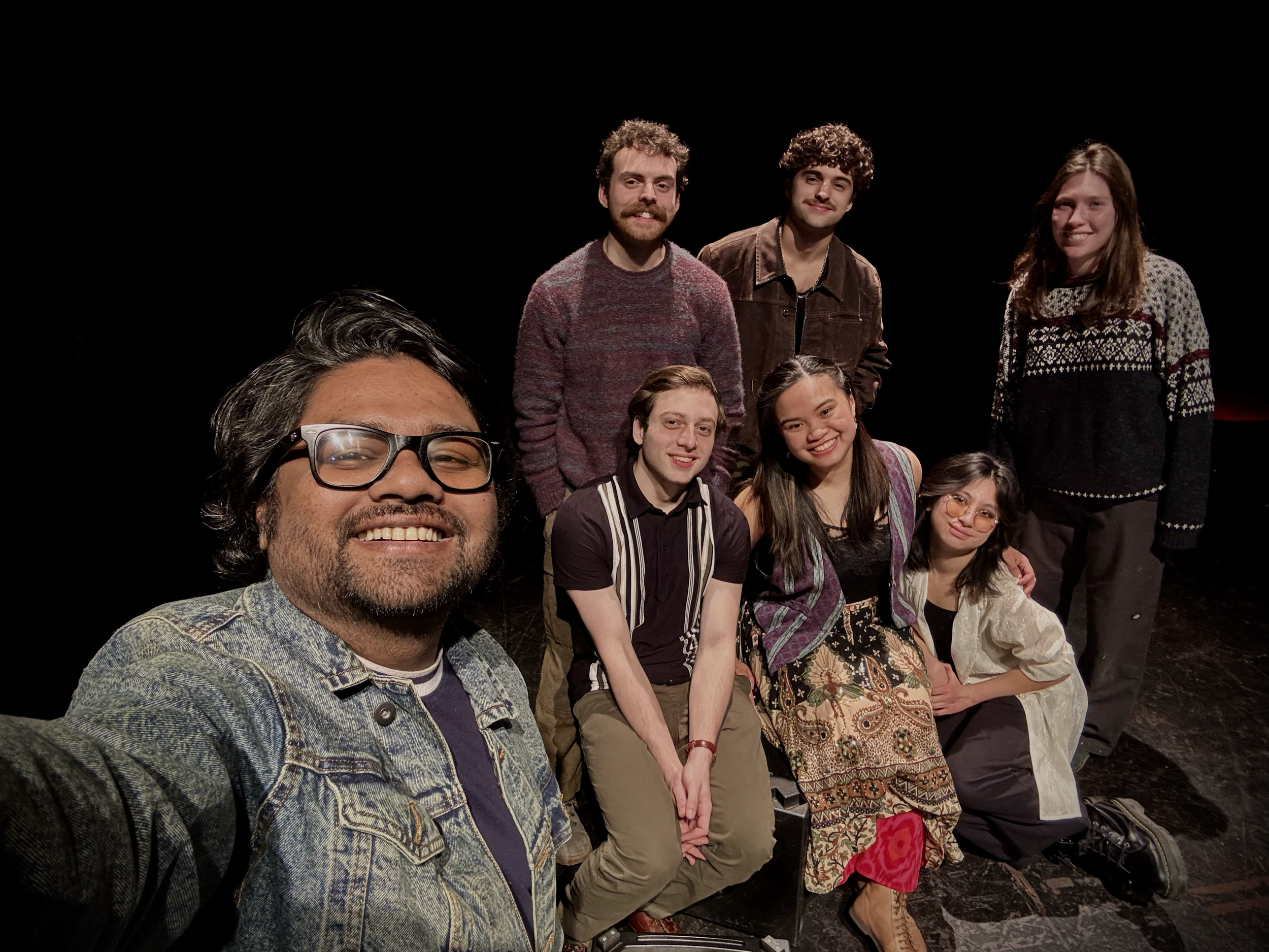 Team of Eurydice (from L to R, U to D): Foster Beach, Jack Iovanella, Ava Zuckerman (lighting designer), Mushfik Rahaman (sound crew), Nick Whitlock, Jamie Papa, Clarissa Covey