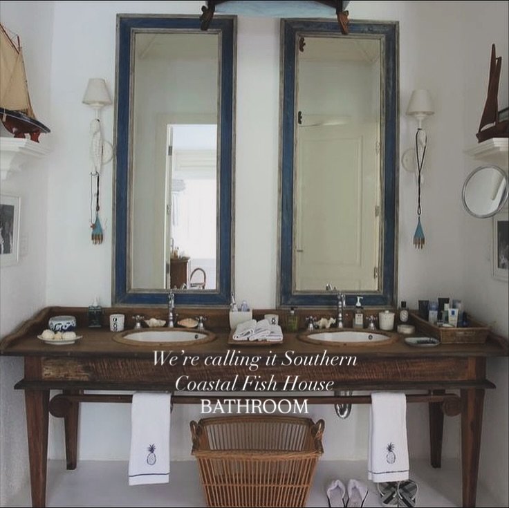 Southern Coastal Fish House Bathrooms

A perfect blend of utility &amp; beauty. Layered with elements that tell the story of the places they&rsquo;re rooted. You&rsquo;ll notice the subtle details of lighting from old vessels, paintings and flags fro