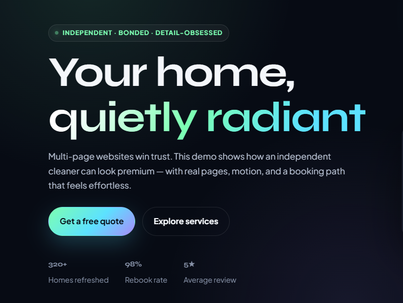 A website landing page promoting an independent cleaning service, emphasizing a quiet, radiant home look, with options to get a free quote or explore services.