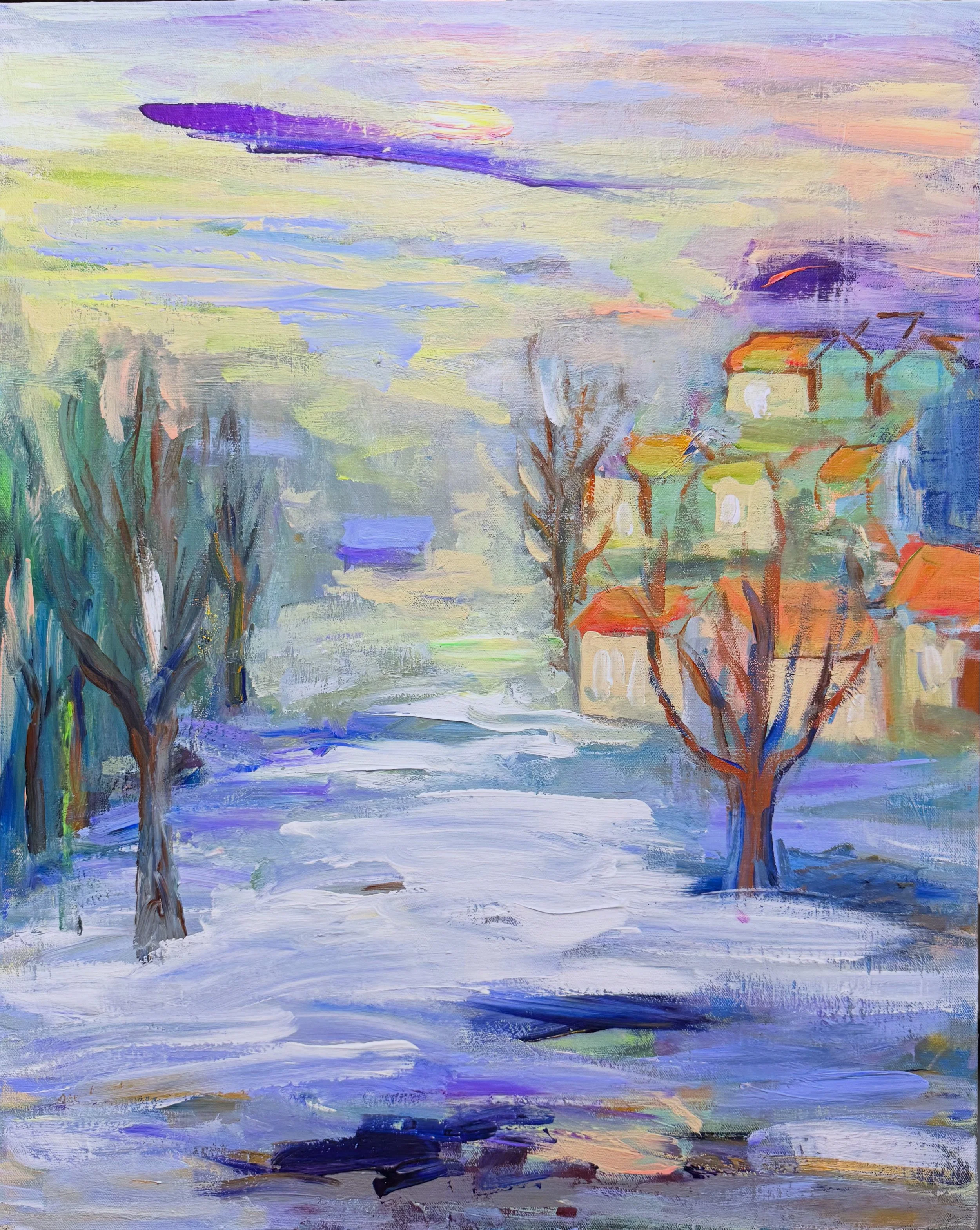 Silent Dwellings, 2025, Acrylic on Canvas
  
At winter’s dusk, a cold chill envelopes everything. A thin layer of ice lies upon the frozen path, and even the branches seem to stand stiff, as if frozen in silence. In this scene, a sudden wave of lonel