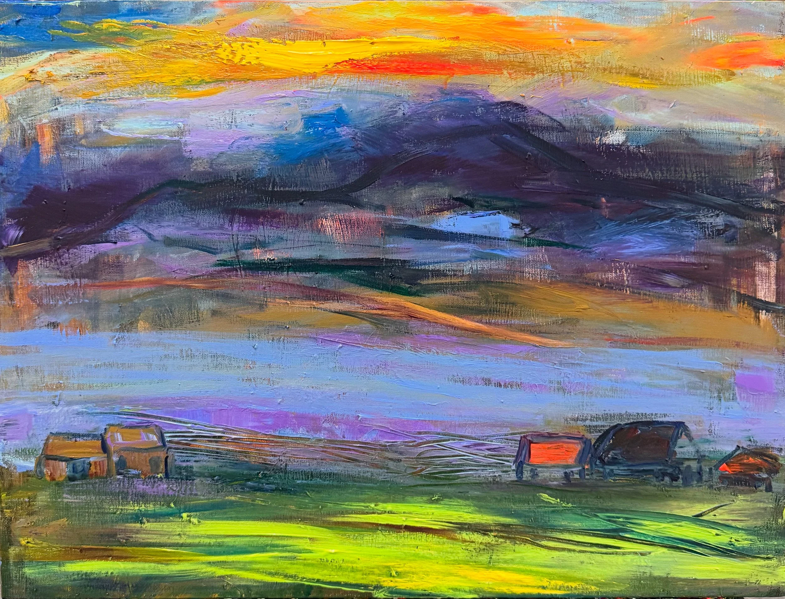 Time When Light Seeps In, 2025, Acrylic on Canvas, 16" x 20" x 1.5"
  
When I look at the sky painted in red and yellow, I feel the light slowly seeping into the fields. The small houses scattered across the land carry traces of life and gentle comfo
