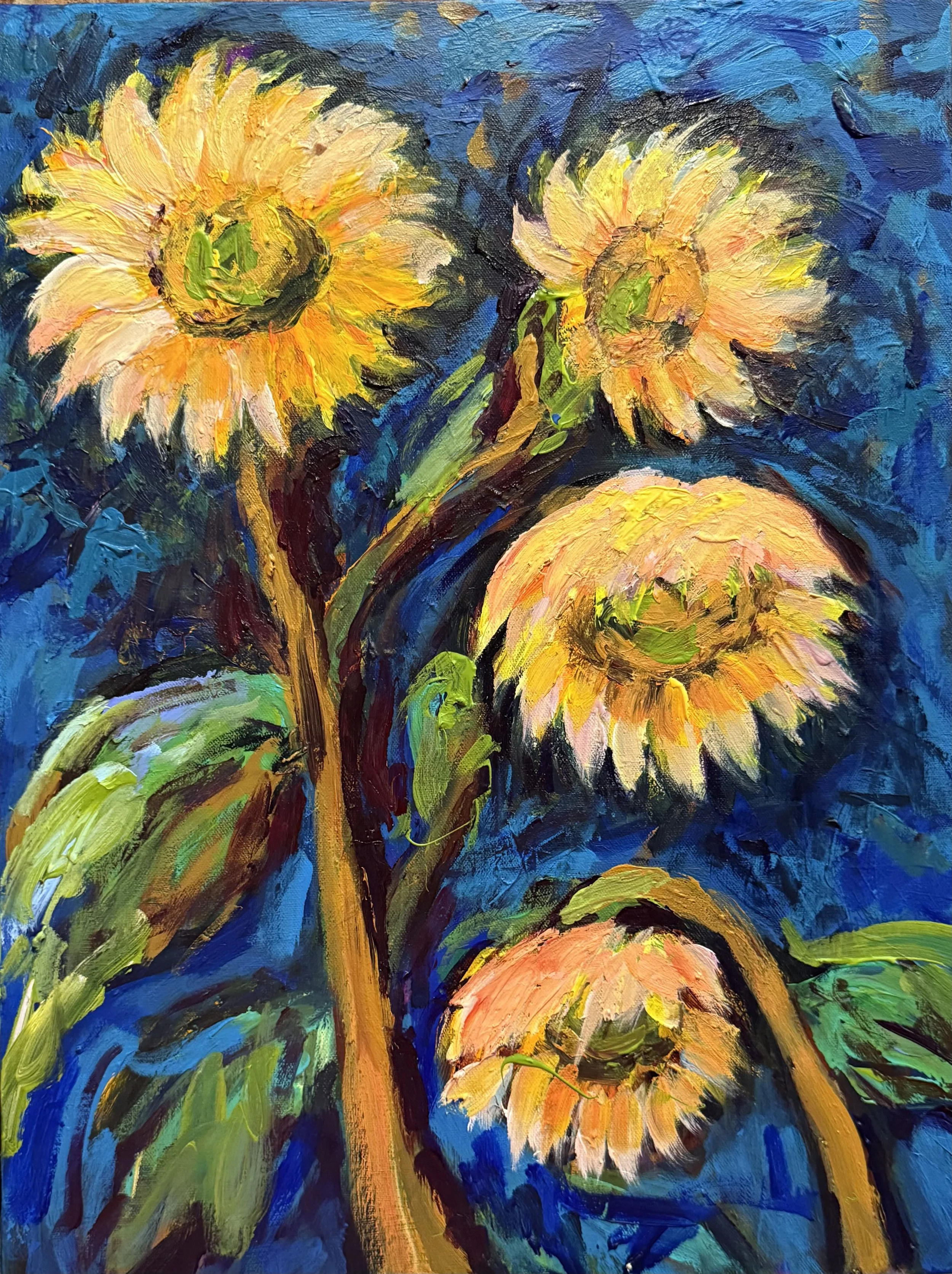 Fading Sunlight, 2025, 24" x 18" x 1.5", Acrylic on canvas   

As I watch the sunflowers bow under the fading autumn light, I feel their golden faces soften with a quiet glow. They seem to whisper to me about change—about the gentle passing of time. 