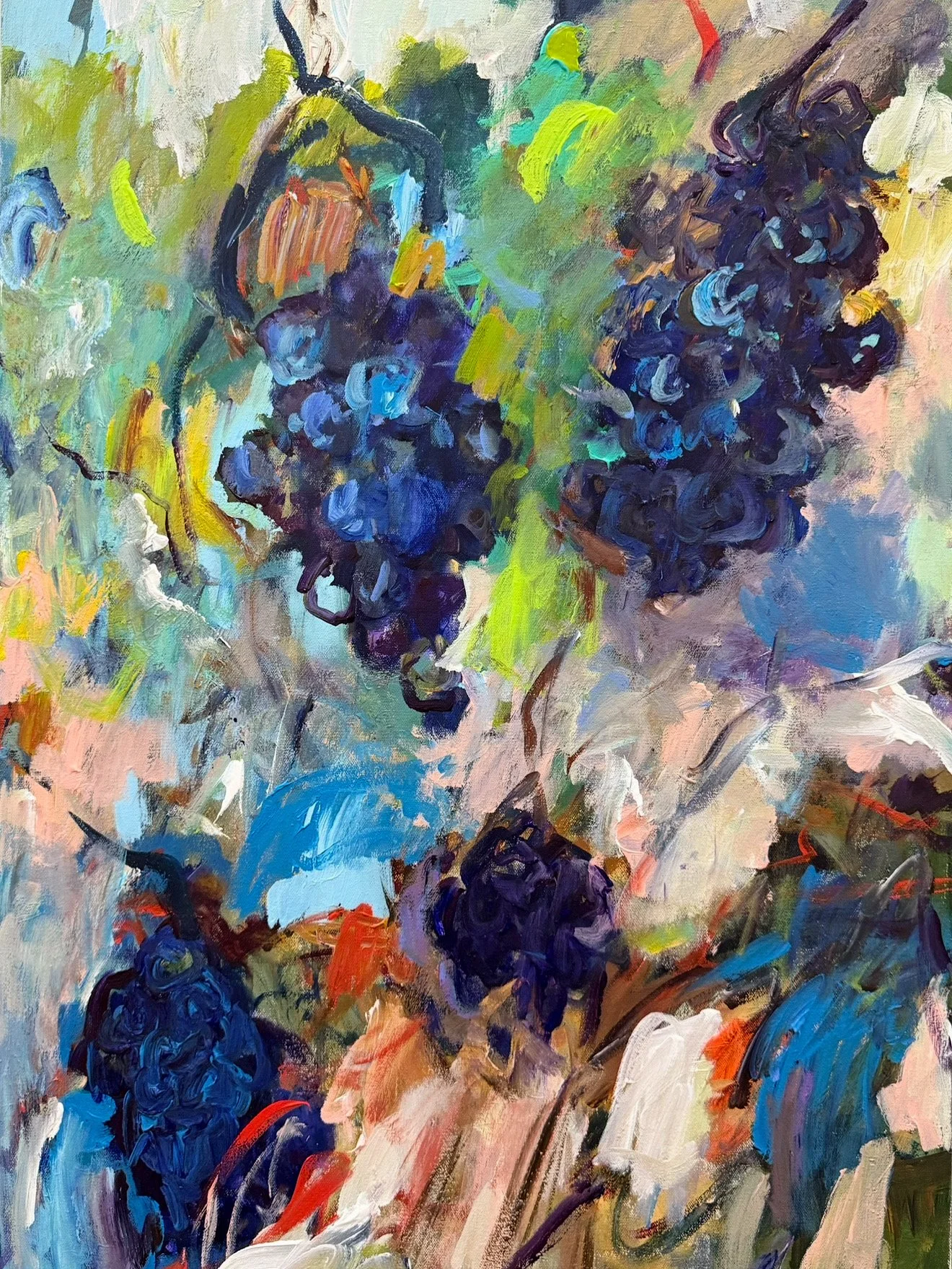 Harvest of Dreams, 2025, Acrylic on canvas, 36" x 24" x 1.5"

  
When I look at clusters of grapes, a quiet joy fills my heart. They seem to hold a promise of abundance and peace. I imagine a small home resting beneath them, where life feels simple a
