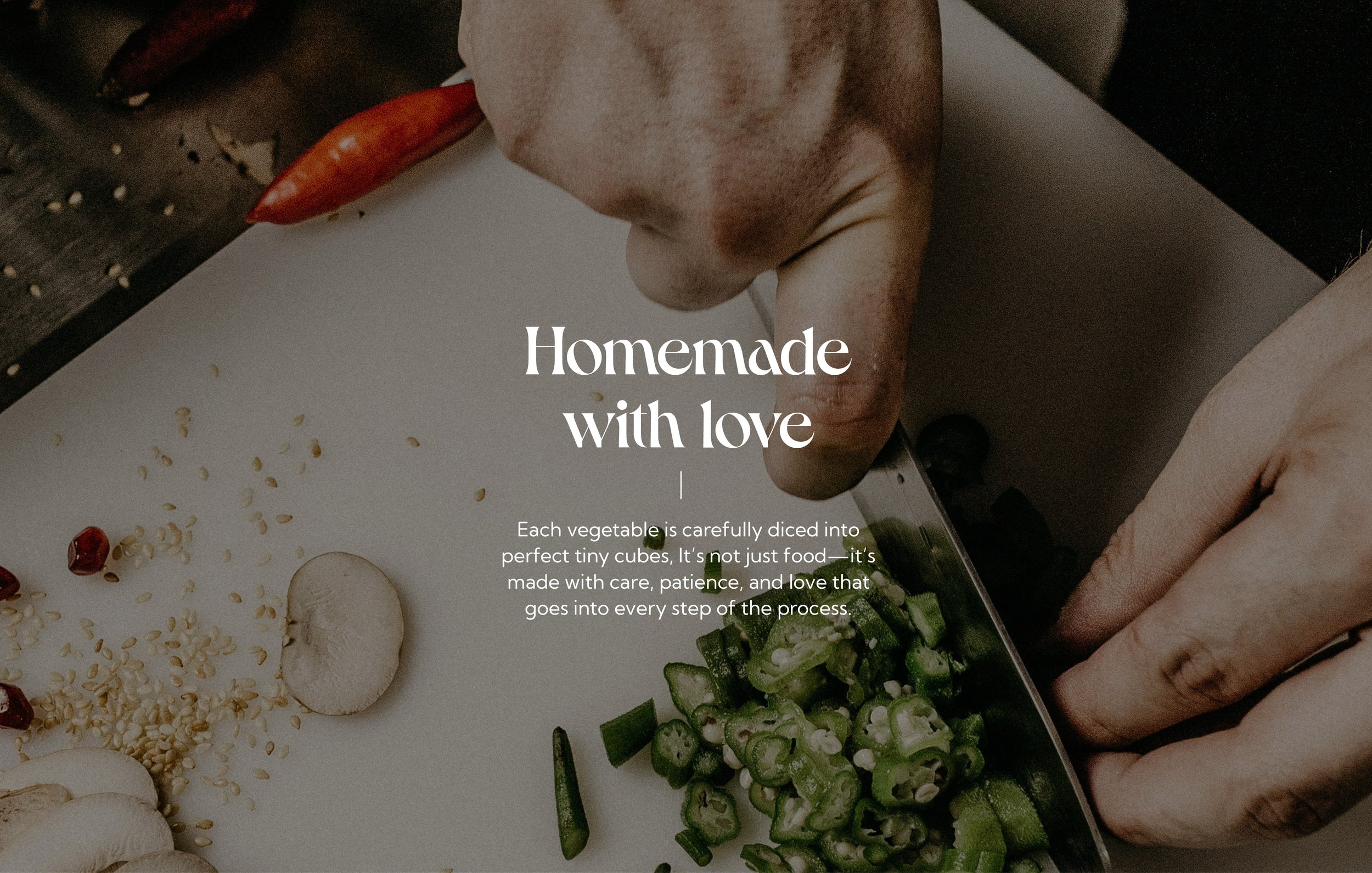 Close-up of hands chopping vegetables on a cutting board with the text "Homemade with love" and a description about care in cooking.