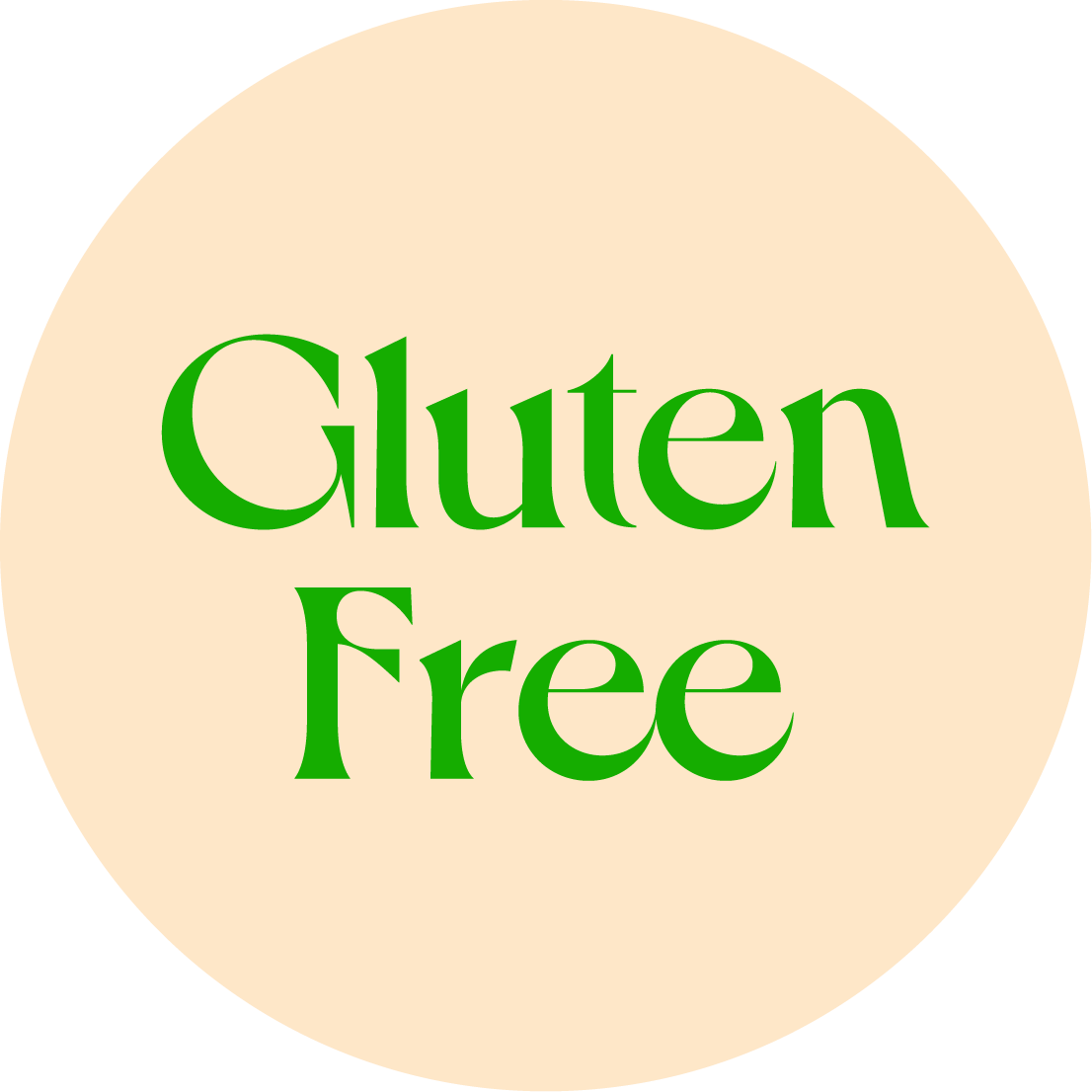 Gluten Free text in green on beige circle background