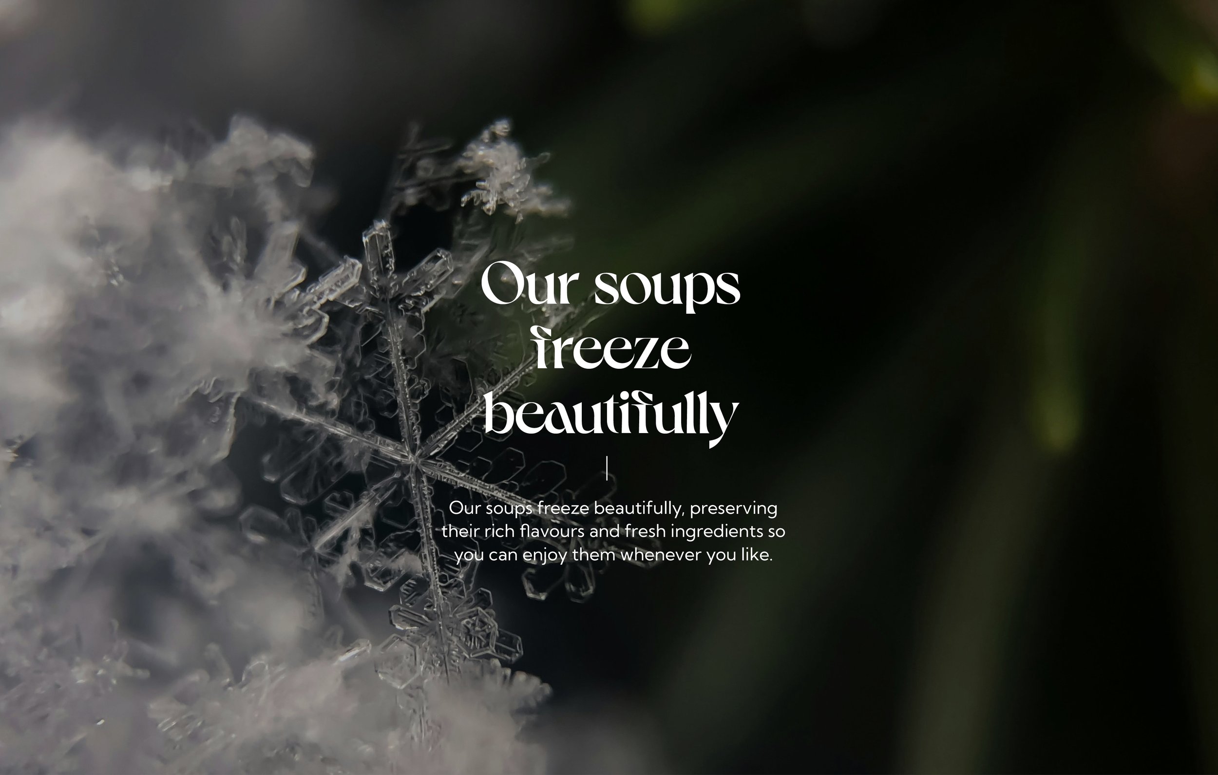 Close-up of a snowflake with text promoting soups that freeze well against a dark background.