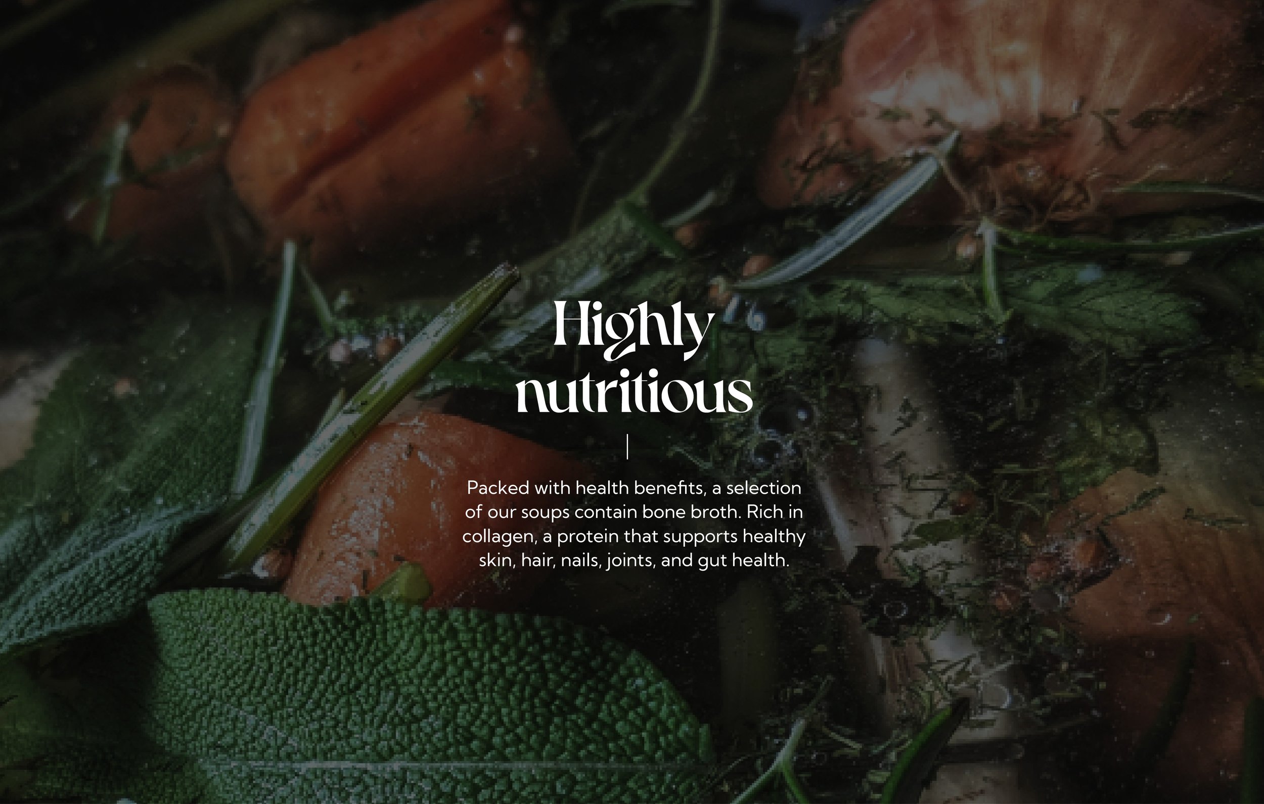 Close-up of simmering broth with vegetables, herbs, and text about its nutritional benefits, including collagen content for skin, hair, nails, joints, and gut health.