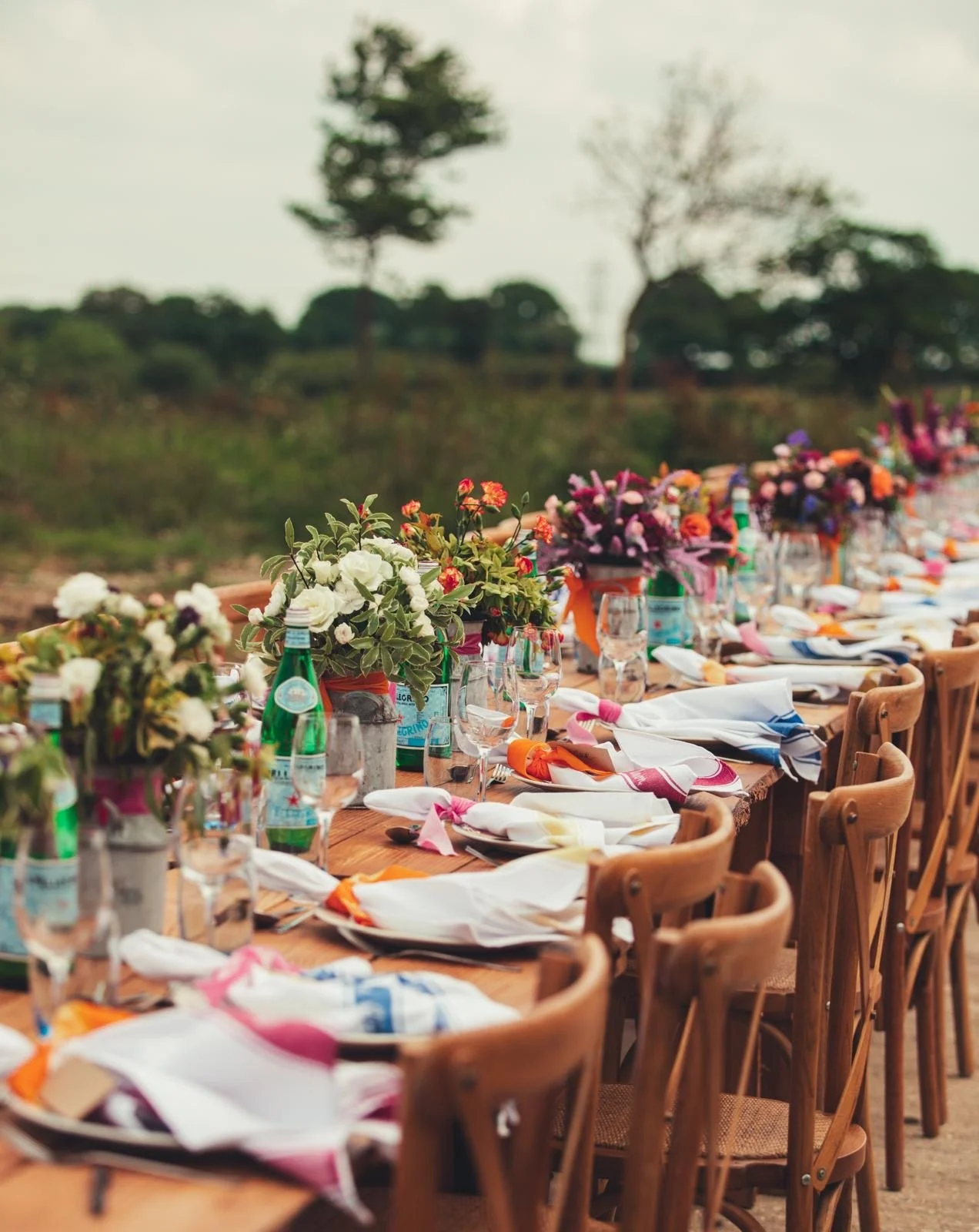 Long outdoor dining table set for a celebration with white napkins, colorful ribbons, glassware, and bottles on a wooden surface. Floral arrangements are placed along the table with trees and greenery in the background.