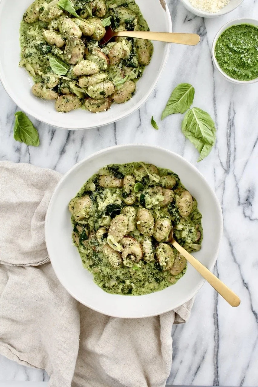 Sweet Potato Gnocchi with Creamy Kale Pesto and Mushrooms