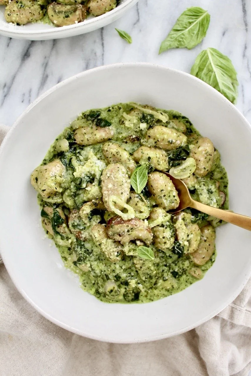 Sweet Potato Gnocchi with Creamy Kale Pesto and Mushrooms