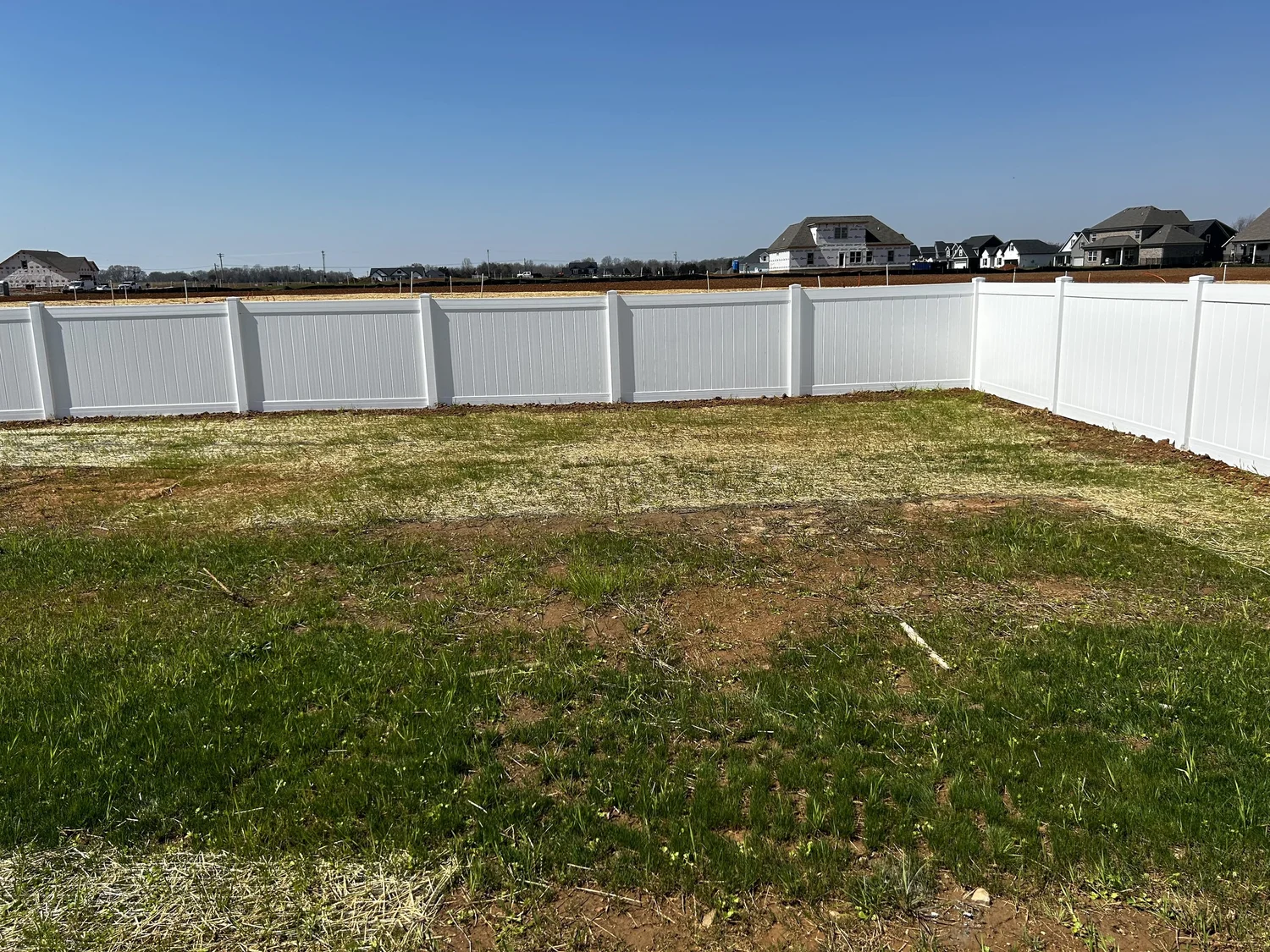 Long run of white vinyl privacy fence across a wide open back yard