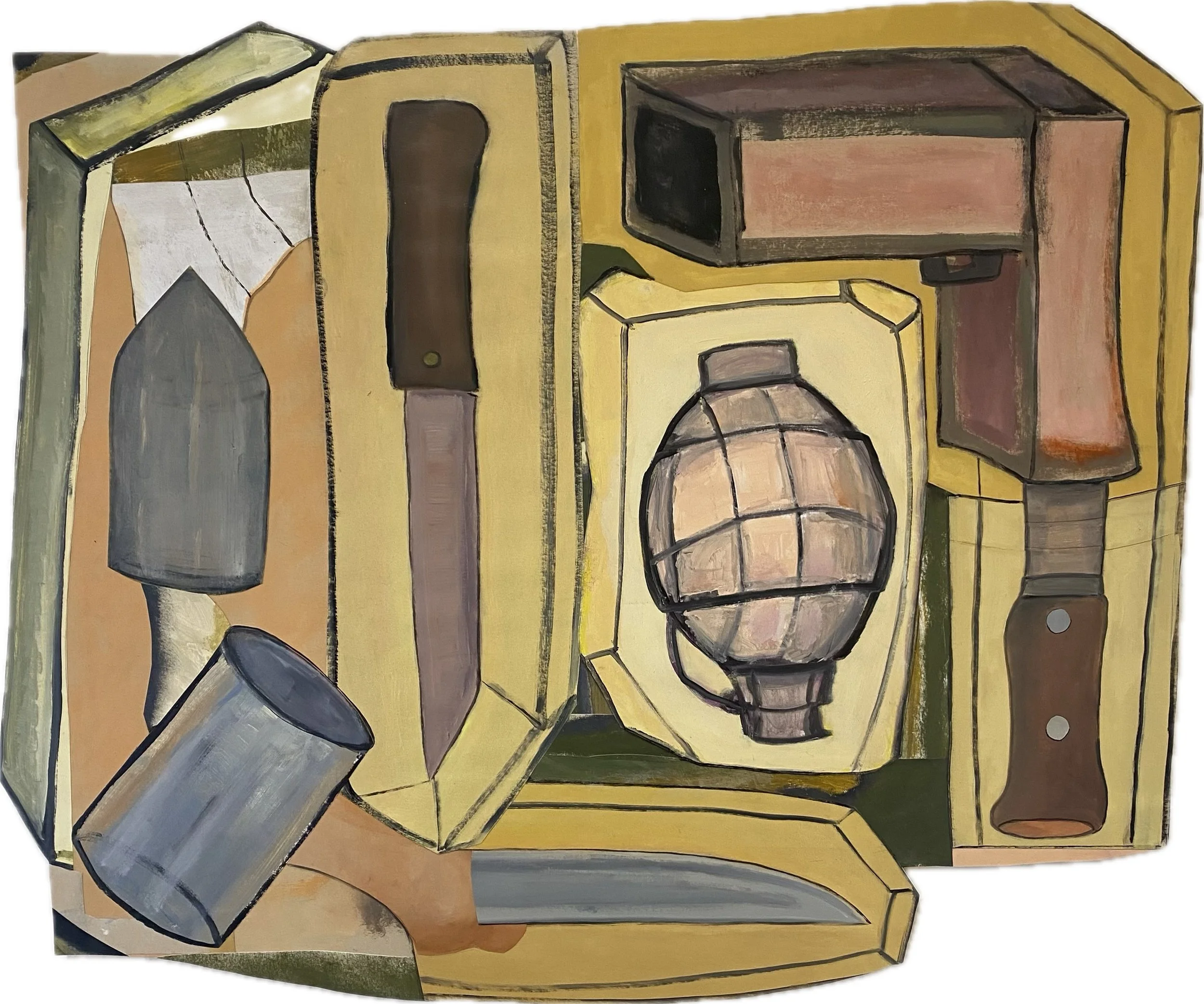 "Zeugzeugen A", 2025; Kollage mit bemaltem Papier auf Leichtstoffplatte geklebt/

GEDANKEN DAZU: Diverse Waffen bilden zusammen eine Komposition. Dadurch verlieren sie ihren eigentlichen Zweck und ihre Bedrohlichkeit. Es ist bloss noch eine Ansammlun